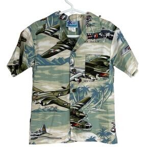 RJC Hawaiian Shirt Beach Fighter Bomber Airplane Made in Hawaii USA Boys Size 4